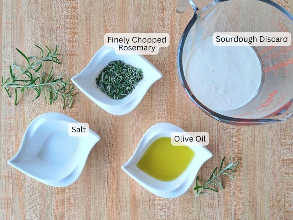 Ingredients gathered to make rosemary olive oil sourdough discard crackers.