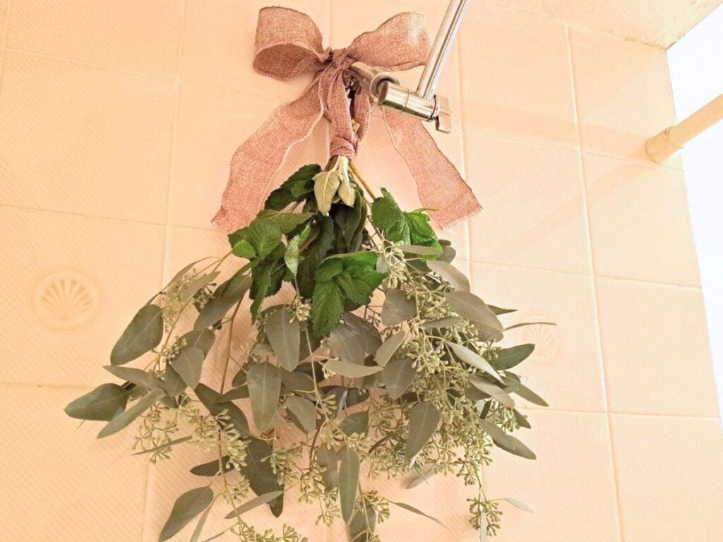 Image shows a bunch of herbs hanging in the shower. They are fastened to the faucet head with burlap ribbon.