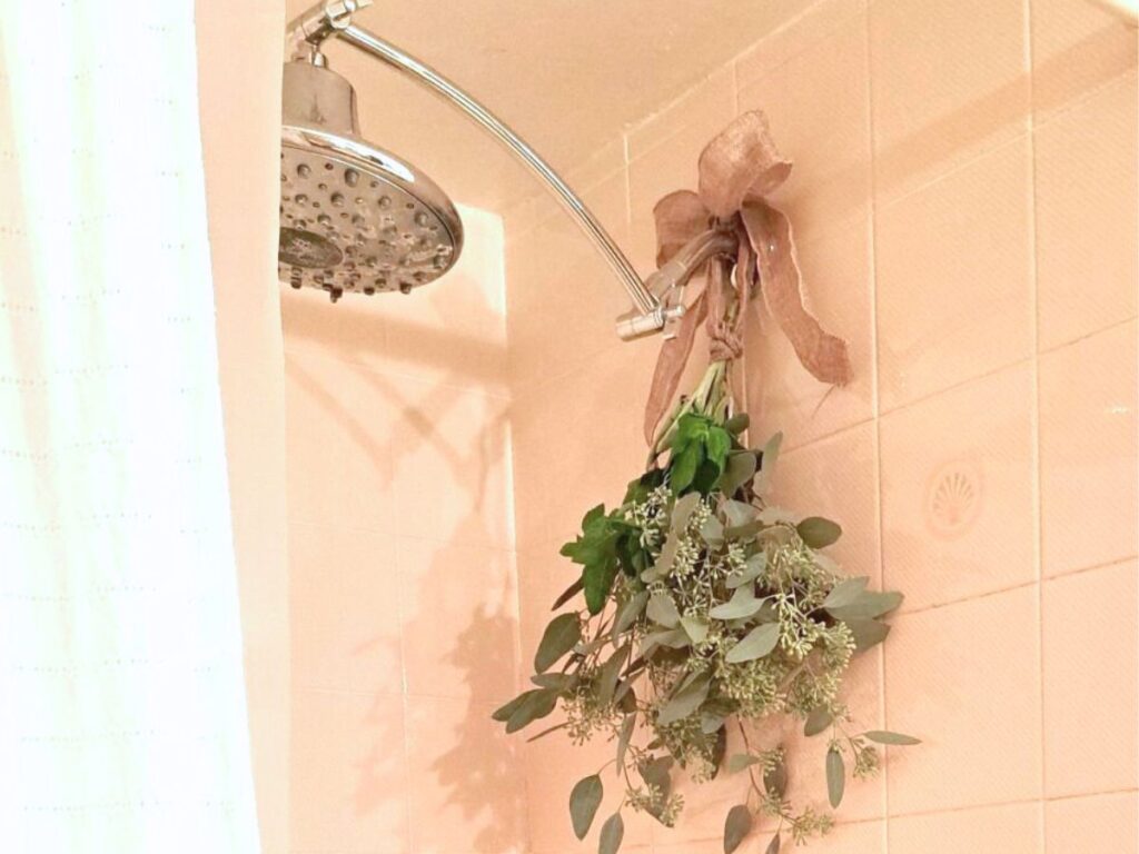 Herbs hanging in the shower from the shower head with a large burlap bow.