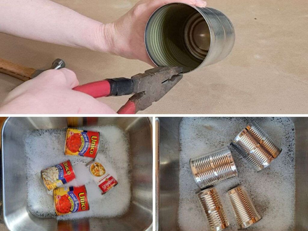 Three images showing how to prep and wash tin cans to make them into planters.