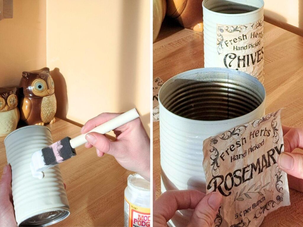 Two images showing how to use mod podge to apply herb labels to tin cans.