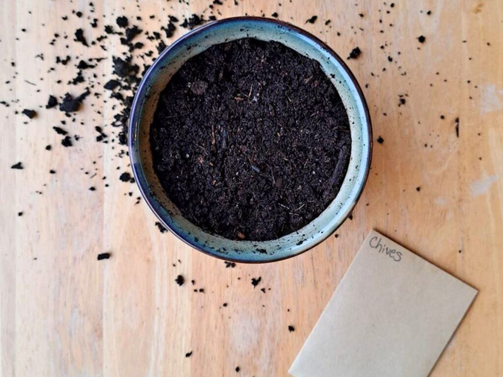 A close up of a herb pot filled with soil and a seed packet sitting beside it on a countertop.