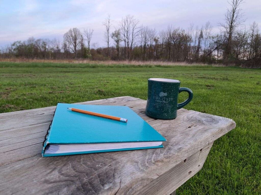 A garden journal on a wooden bench in the garden with a cup of tea and a pencil. There are trees in the distance.