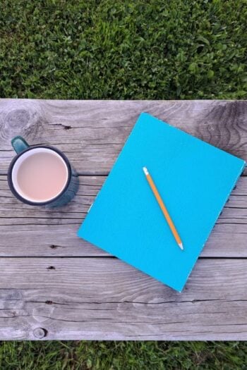 A garden journal sitting on a wooden bench with a pencil and a cup of tea.