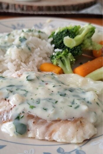 A close up of white fish on a dinner plate with parsley sauce on top and a side of rice and vegetables.