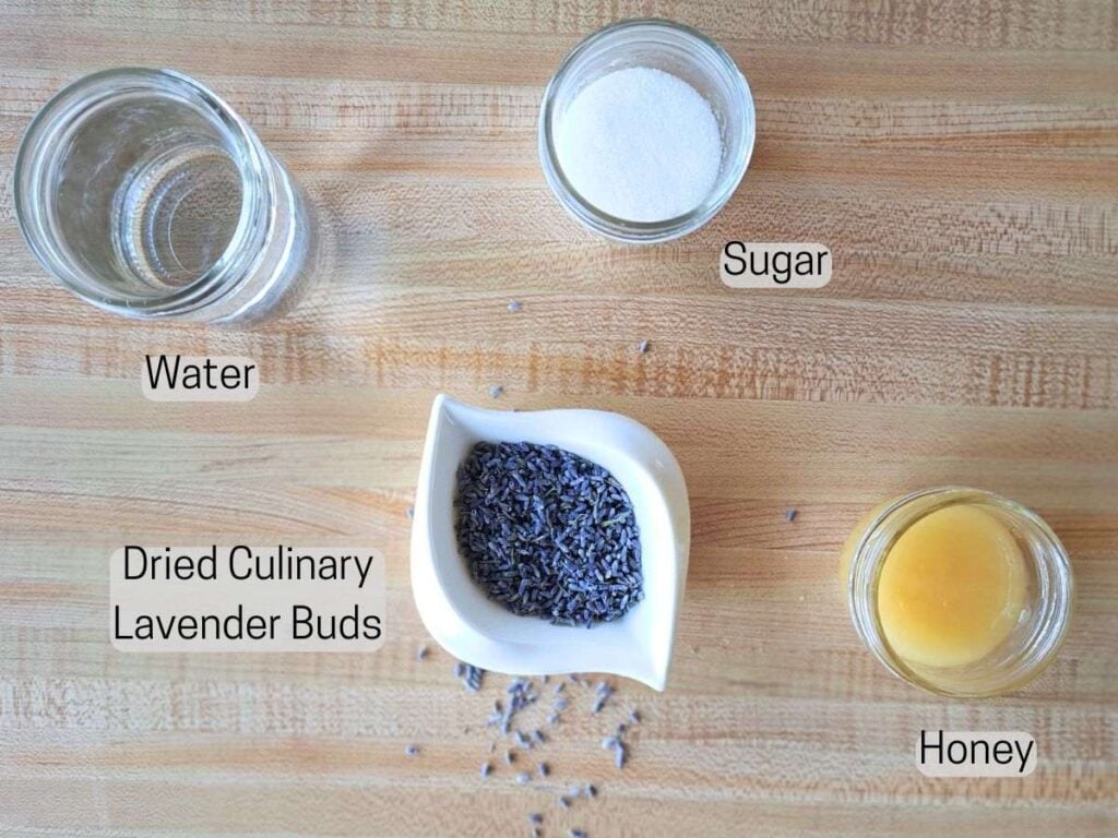 Ingredients gathered to make honey lavender syrup