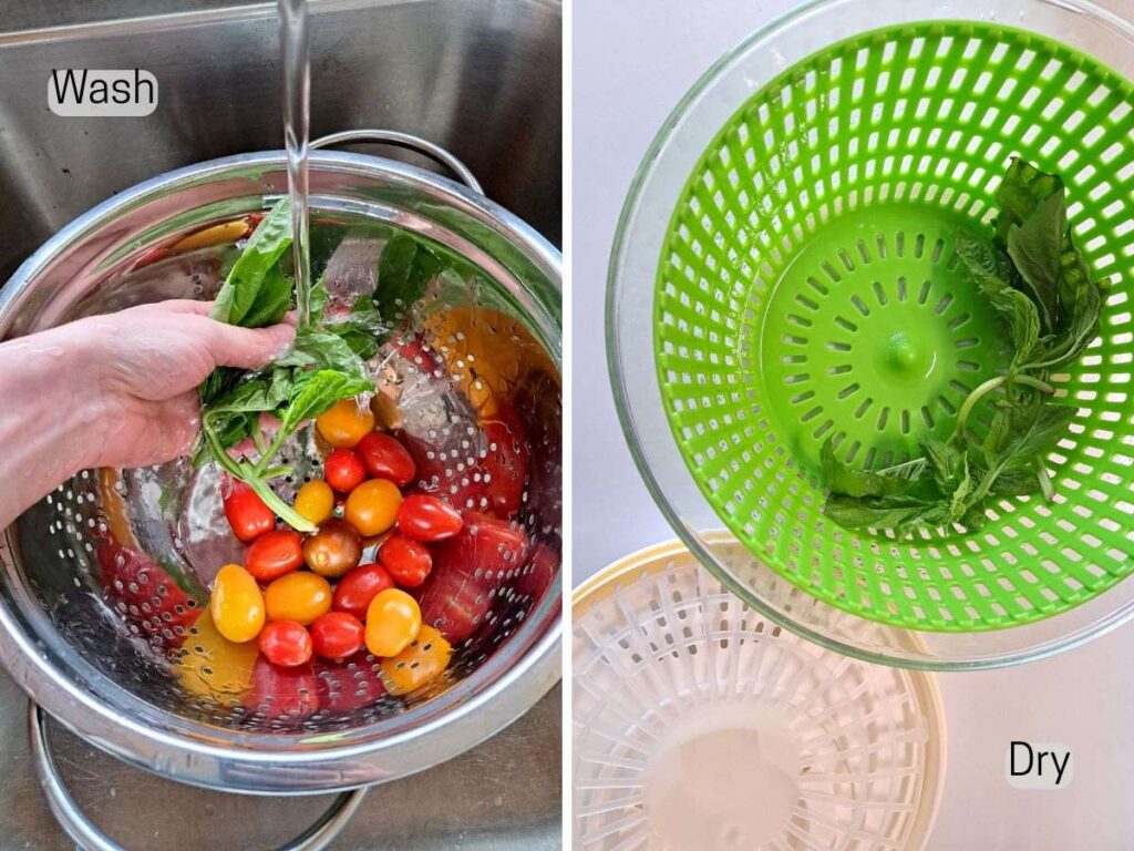 Washing tomatoes and basil in a colander in the sink and drying basil in a salad spinner.