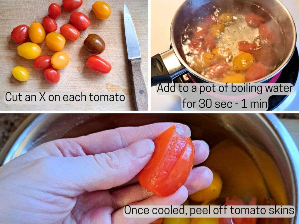 Steps showing how to remove skins from tomatoes by adding them to boiling water.