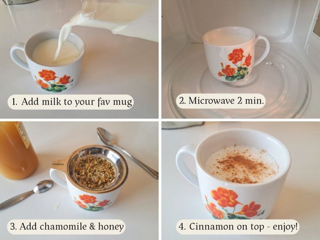 Four images showing steps to make a moon milk recipe in the microwave.
