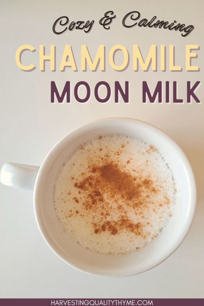 A top down view of chamomile moon milk with text above.