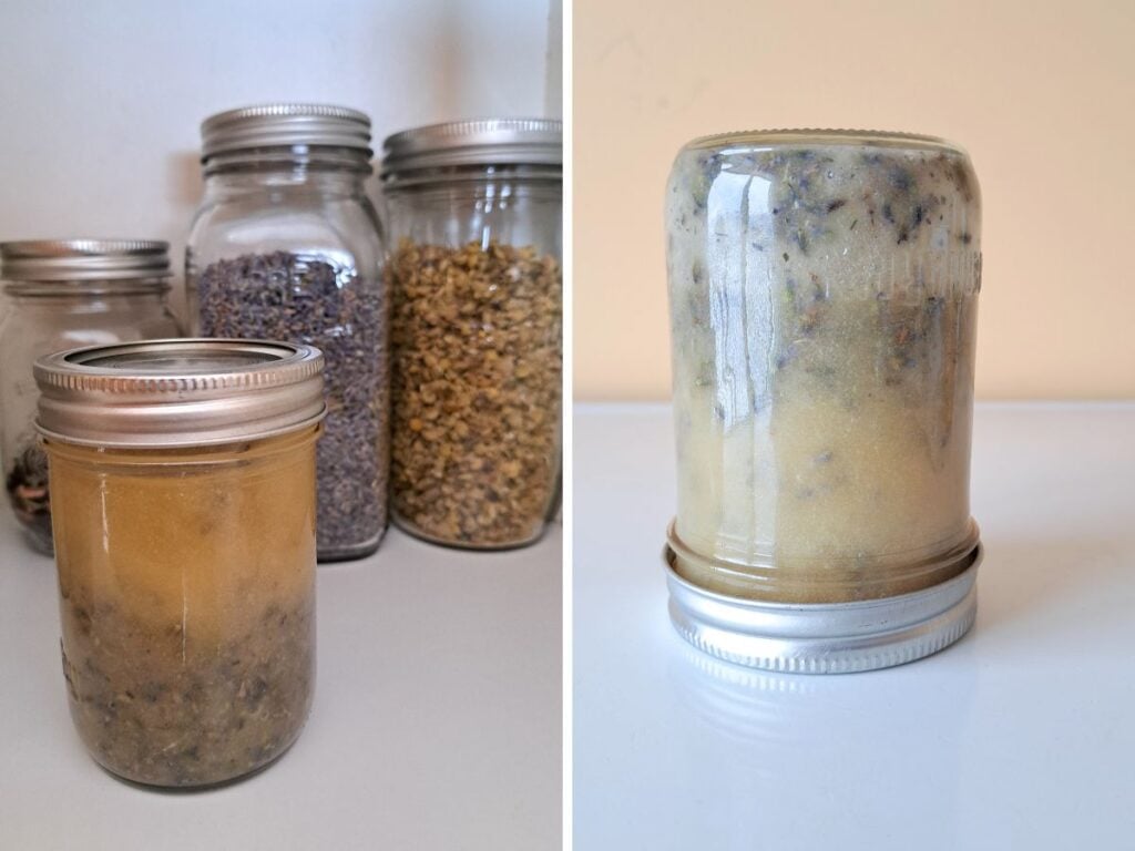 Two images. One showing lavender honey sitting on a pantry shelf, the other shows it on the counter upside down.