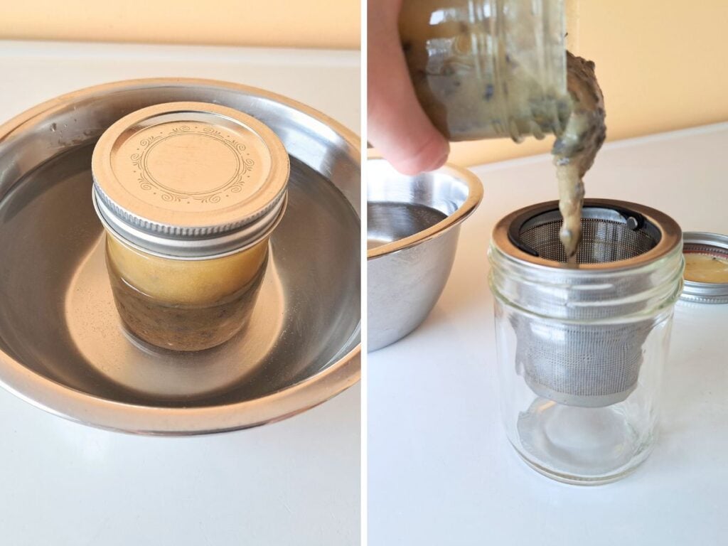 Two images showing the steps to warm and strain the lavender out of the honey.