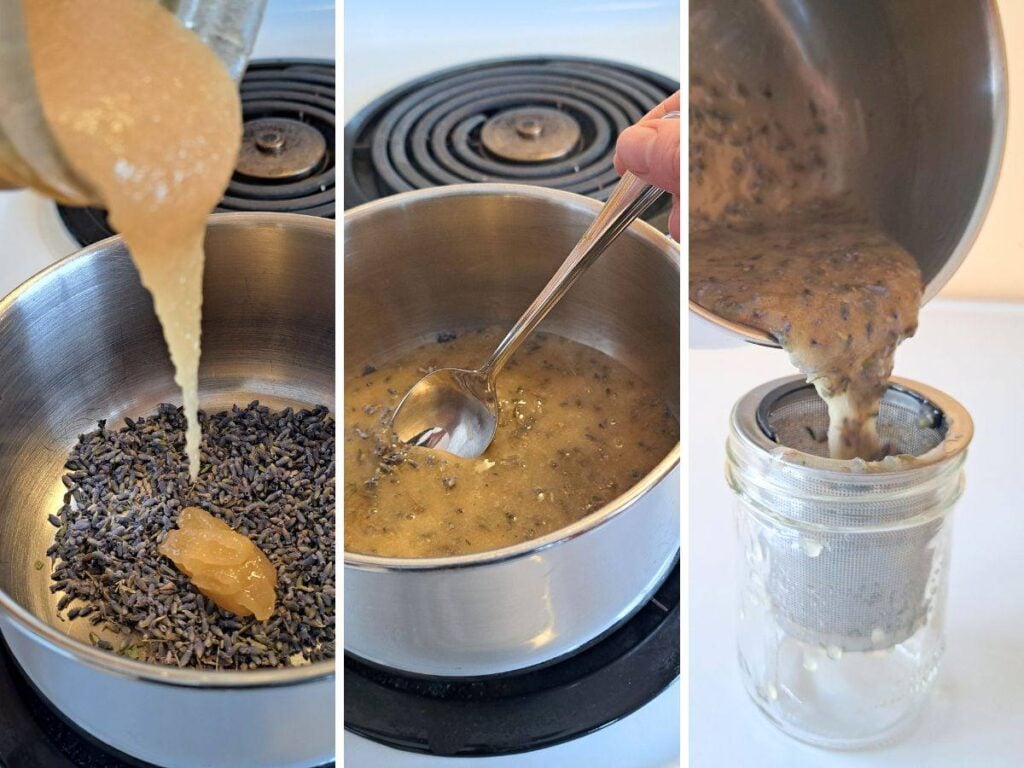Three images showing adding lavender and honey to a pot, stirring it, and then straining.