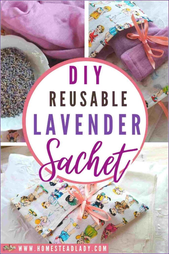 Three images of lavender sachets with text overlay.