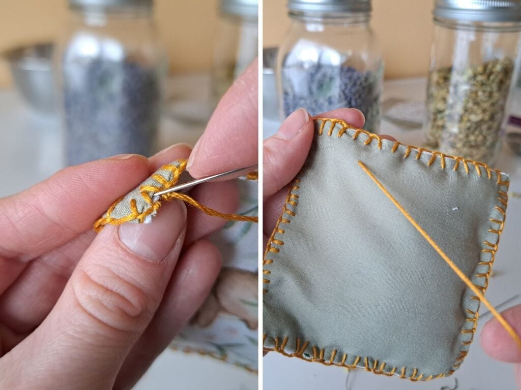 Two images showing how to hide thread between the layers of fabric.