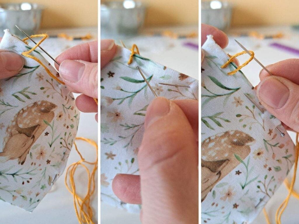 Sewing a blanket stitch around the edge of the sachet bag.