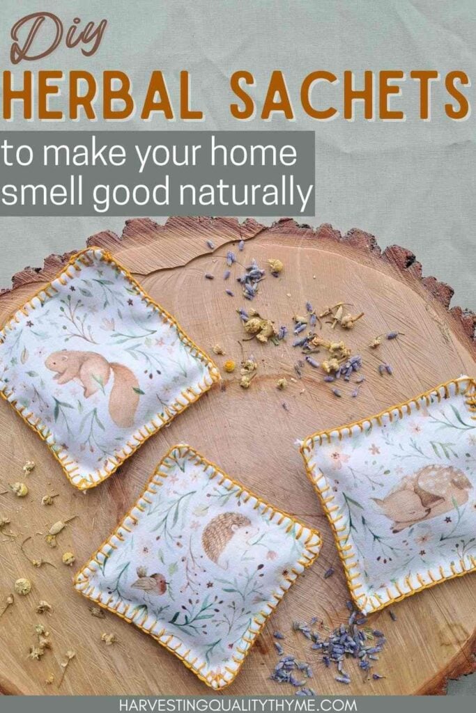 Image with herbal sachets laying on a piece of wood with a text overlay.