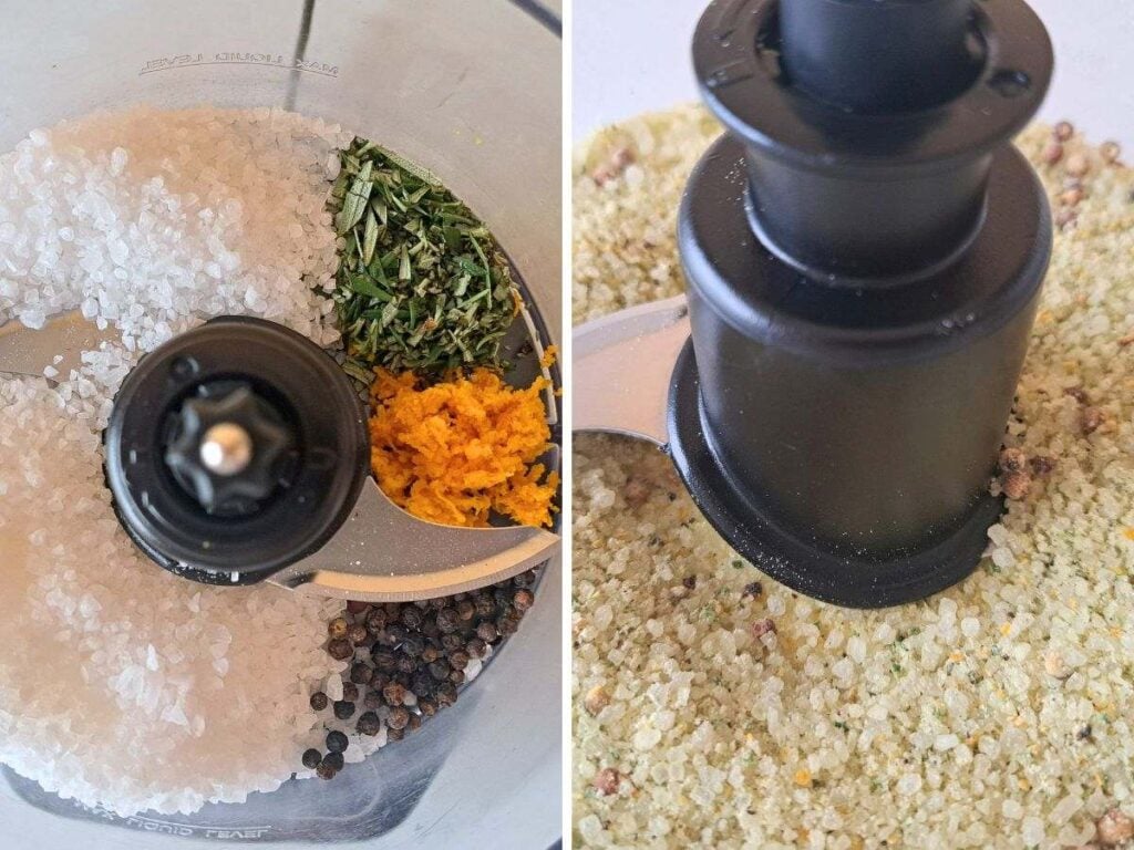 Two images showing rosemary orange salt in a food processor. Before and after blending it.